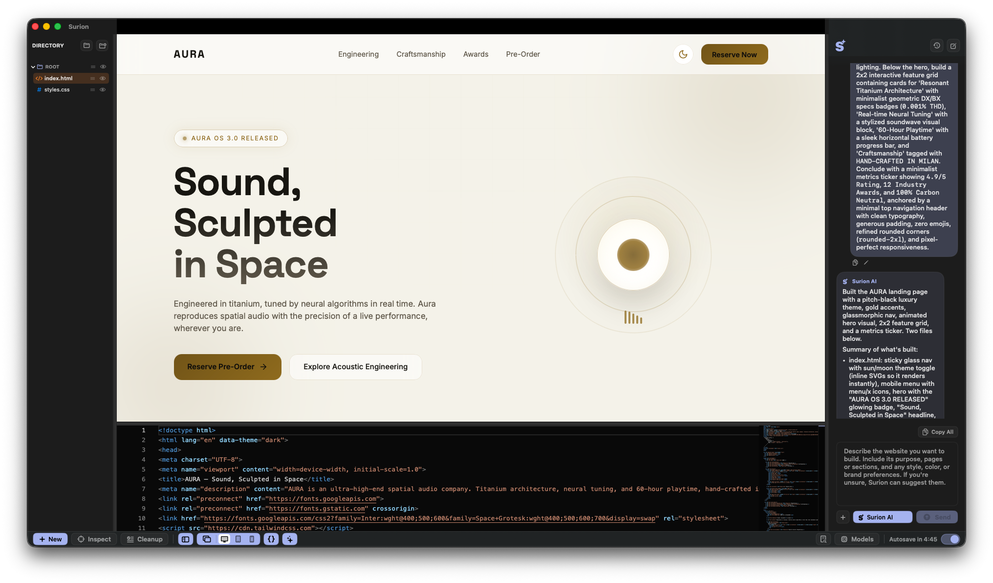 Surion website workspace in dark mode