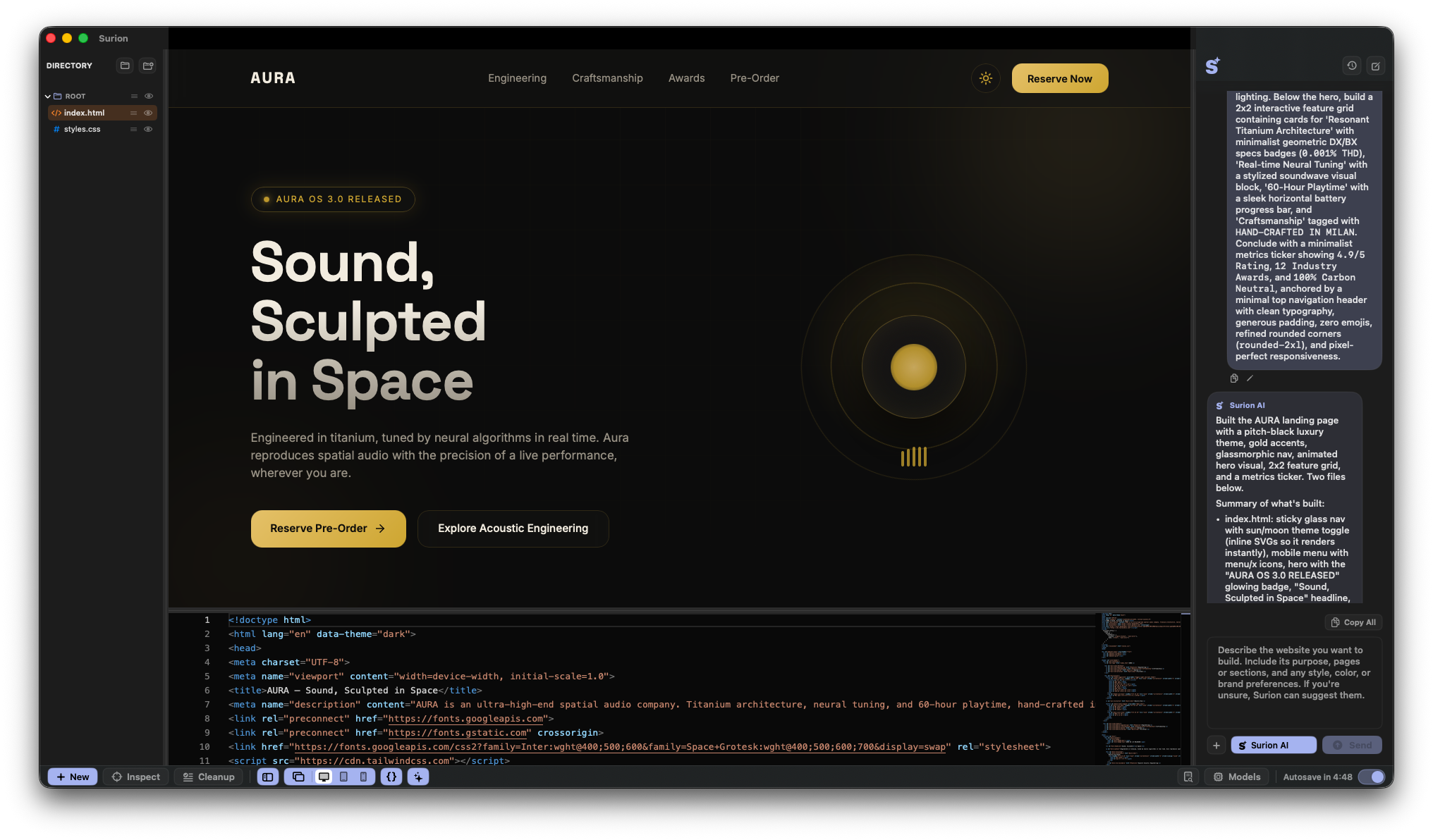 Surion website workspace in light mode